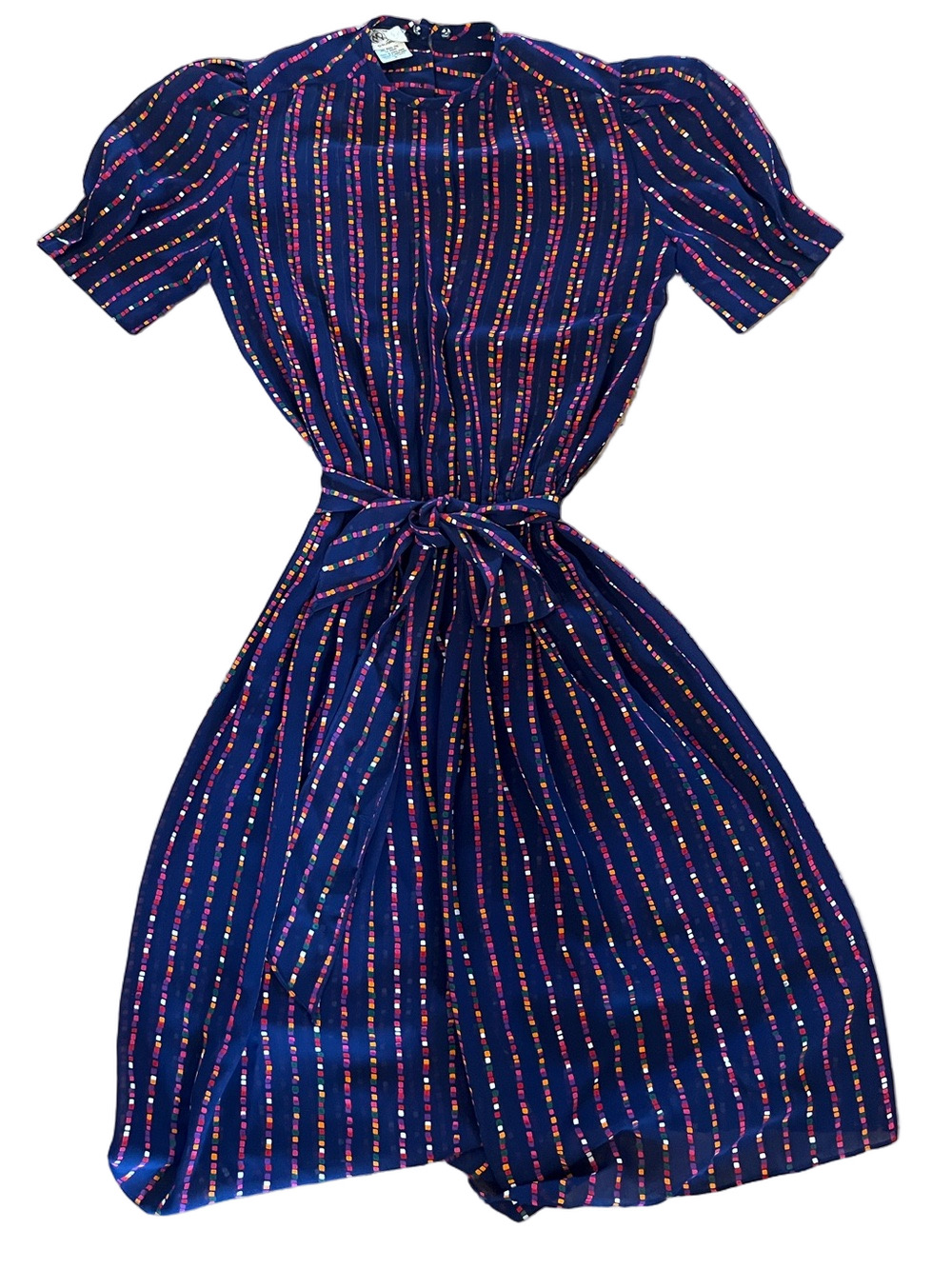 VTG Stanley Sklar Multi Color Square Dash Geometric Pleated Midi Dress 70s 80s